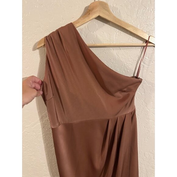 Showpo Bronze Silky One Shoulder Draped Mini Dress - Picture 5 of 12